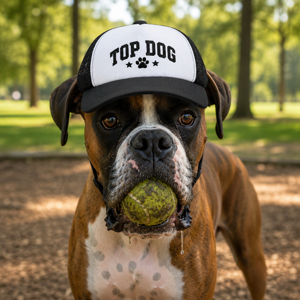 Dog wearing Top Dog with Stars dog trucker hat