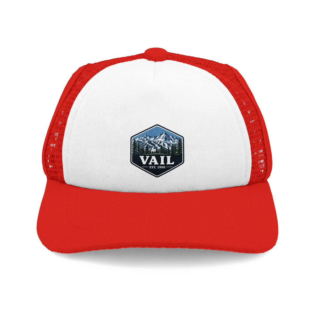 Red Vail dog trucker hat