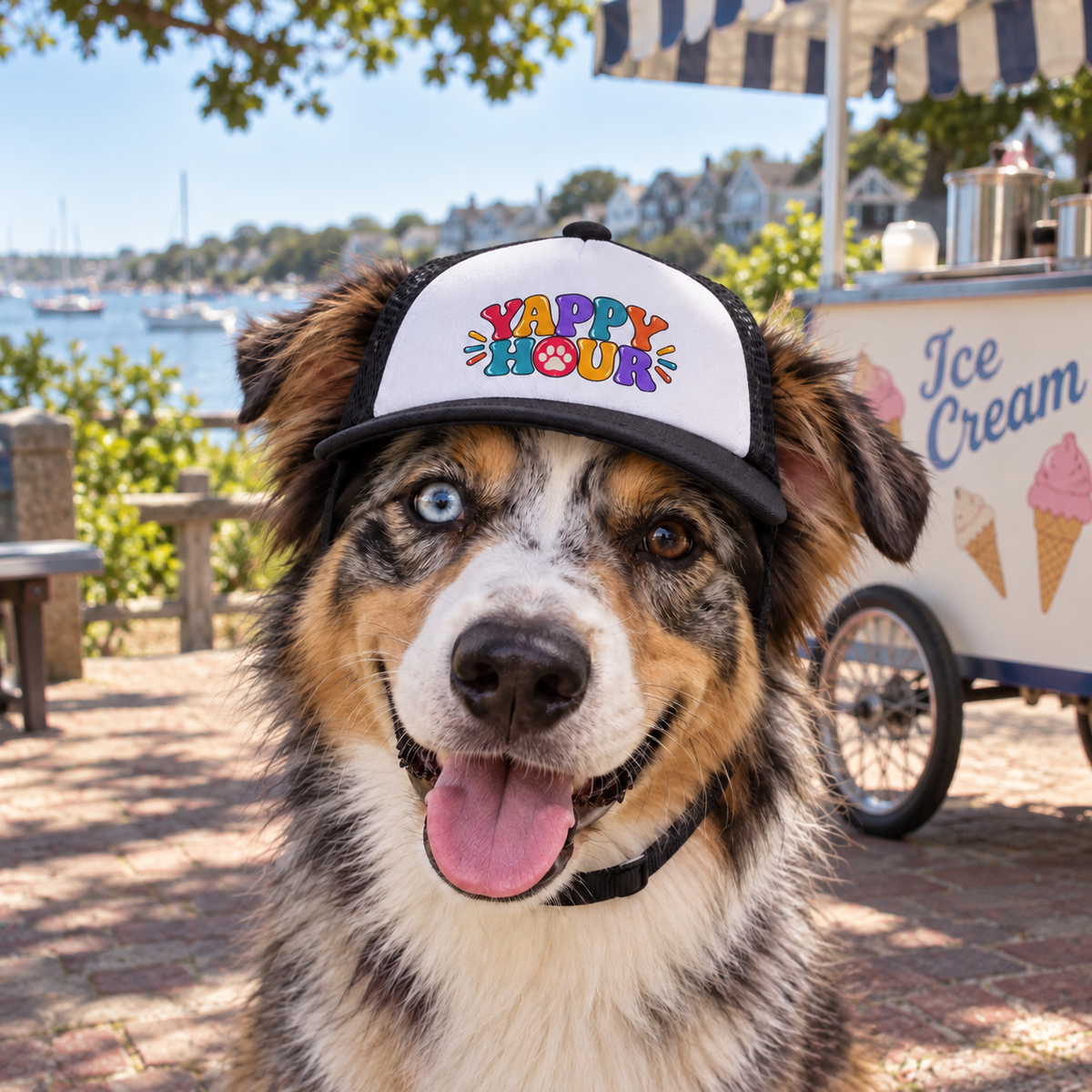Dog wearing Yappy Hour funny dog trucker hat